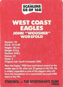 1989 Scanlens VFL #58 John Worsfold Back